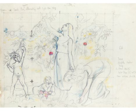 ‡Henry Lamb MC, RA (1883-1960) Dorelia and Edie McNeil and children gathering apples at Alderney Manor Variously inscribed wi