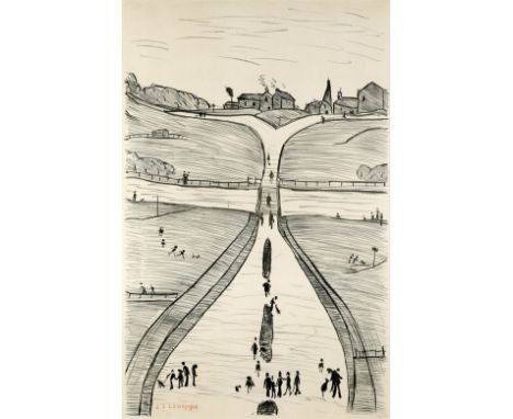‡Laurence Stephen Lowry RA, RBA (1887-1976) Village on a Hill Signed and dated L.S.LOWRY 1966 (in red felt-tip pen, lower lef