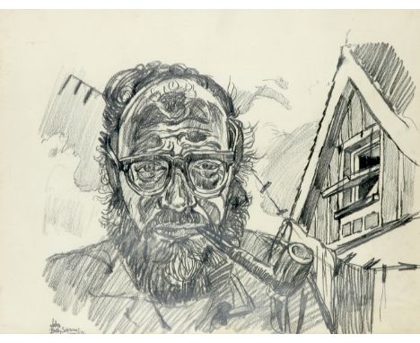 ‡John Bratby RA (1928-1992) Self portrait whilst smoking a pipe Signed, dated and inscribed John/Bratby Self-Portrait/June 19