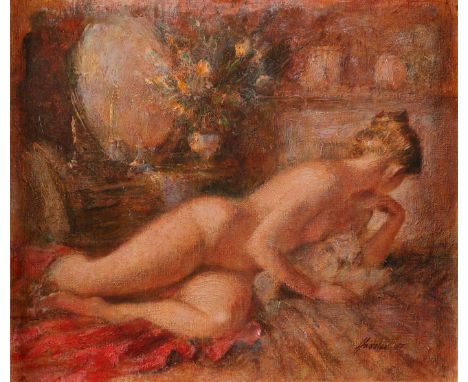 ‡Frank Haseler (1928-1998) Female nude reclinging in front of a dressing table Signed and dated Haseler 87 (lower right) Oil 