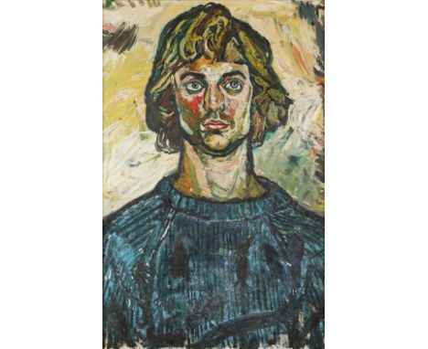 ‡John Bratby RA (1928-1992) Portrait of a young man in a blue jumper Indistinctly inscribed 2* (upper left) Oil on canvas 76 
