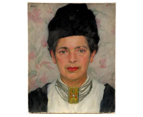 Russian School 20th Century Portrait of a woman, bust-length, in a fur hat Signed NicoJ (upper left) Oil on canvas 38.4 x 30.