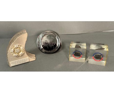 A selection of collectables 80th Birthday of H M Queen Elizabeth, two items from the Euro Tunnel, and a piece of York Minster