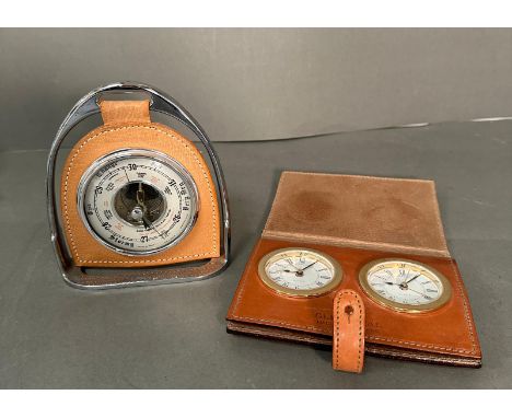 A Glenroyal leather travel clock along with a stirrup themed desk barometer