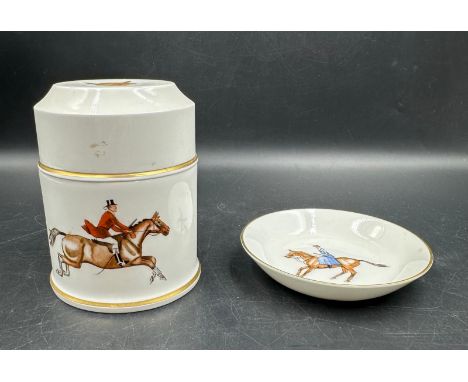 A Royal Worcester china, hunting themed lidded pot and pin dish.
