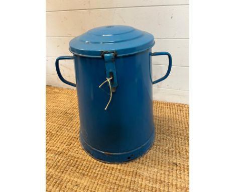 A large enamel storage bin in blue, stamped Csepel 