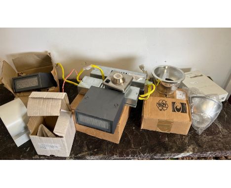 A mixed box of electric switches, lamps, blind/curtains remotes etc 