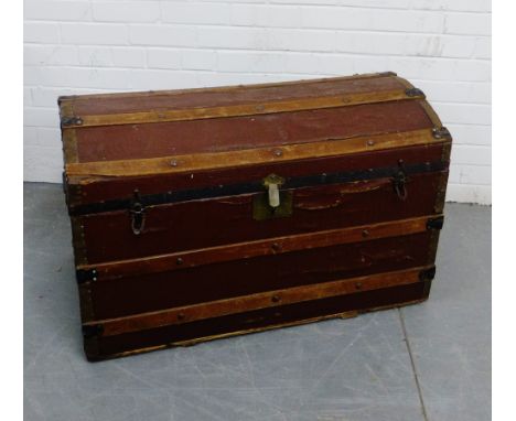 A wooden banded storage trunk with domed top, 56 x 92cm