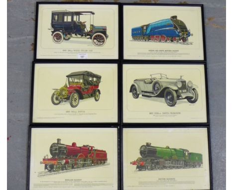 A group of six vintage train and car prints, in glazed frames, 31 x 22cm (6) 