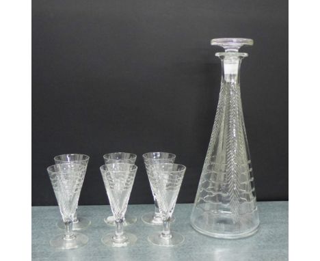 An etched glass decanter and stopper, together with a set of six glasses, (7) 