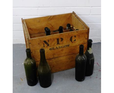 A vintage wine crate containing a selection of wine bottles, 125cm 