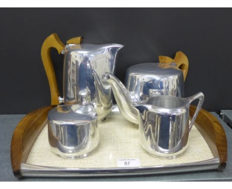 A five piece Picquot ware tea and coffee set comprising coffee pot, teapot, cream jug, sugar bowl and tray (5) 