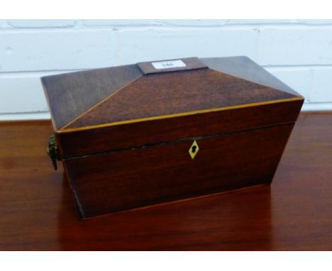 A 19th century mahogany sarcophagus shaped tea caddy with lion mask ring handles to side, 30 x 15cm