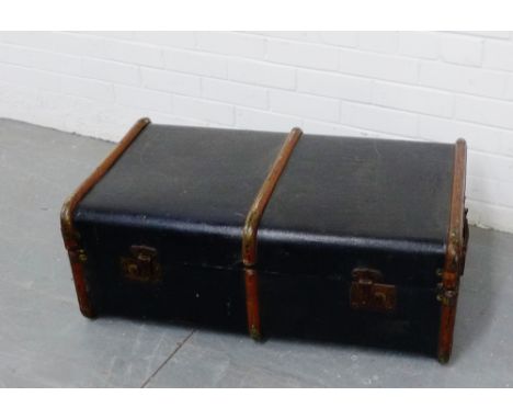 A wood banded travel trunk, 32 x 86cm