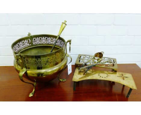 A brass planter on tripod supports together with fireside tongs and poker etc., and a trivet, (a mixed lot)