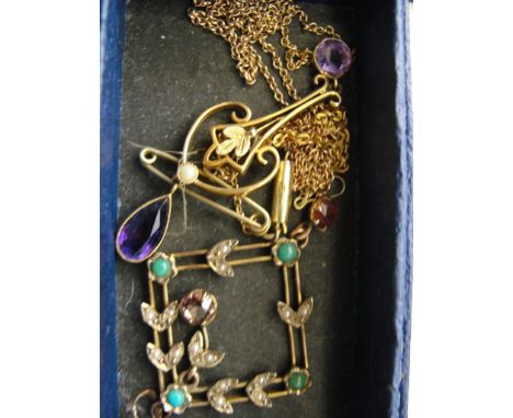 An Edwardian Art Nouveau amethyst and pearl pendant on chain; together with a square pendant set with turquoise pearl and gar