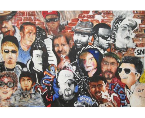 A large graffiti style portrait montage, oil on canvas, signed