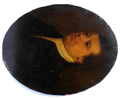 Circle of Thomas Hudson (British, 1701-1779):
A portrait of a gentleman in a dark jacket & white cravat, oil on panel, H 24 x