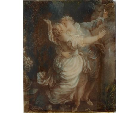 Circle of Jean-Honoré Fragonard (French, 1732-1806):
A portrait miniature on ivory depicting a couple in a romantic embrace, 