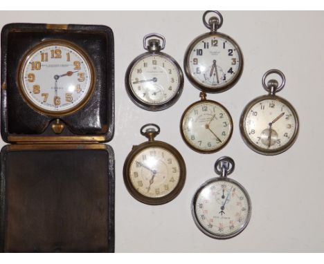 A travelling clock by Thomas Armstrong & Brothers with luminous numerals together with a military stop watch and five pocket 