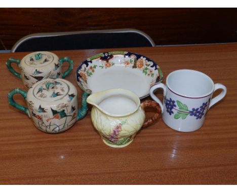 A Japanese earthenware teapot & sugar basin together with three various pieces of English ware. (5)