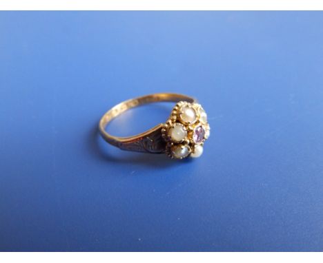 A Victorian gold ruby & pearl cluster mourning ring – London marks – glazing absent to verso.