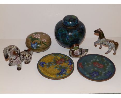 A 20thC Oriental cloisonne ginger jar, a small covered bowl, two saucers and three animals. (7)