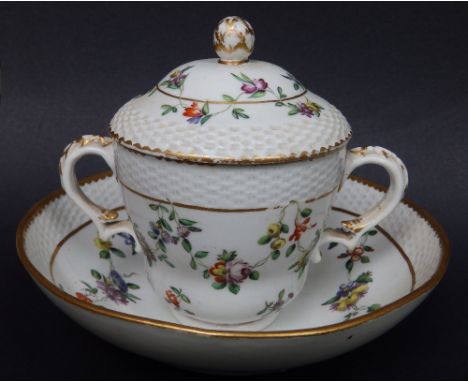 A late 18thC Bristol porcelain caudle cup with cover & stand, painted polychrome floral festoons on white within ozier moulde