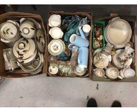 Three boxes of mixed china and glassware, including three Poole dolphins