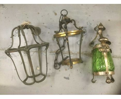Arts and Crafts metal lamp with green glass shade together with two lantern frames in brass (3)
