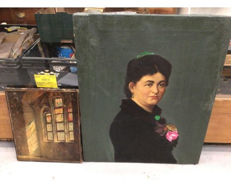 Large oil on canvas portrait of a woman, together with an oil on canvas of a church interior