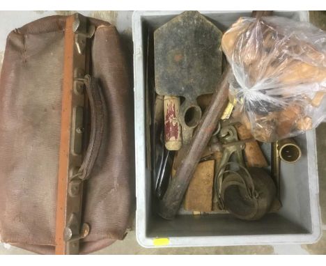 One box of assorted hand tools and a Gladstone bag of tools