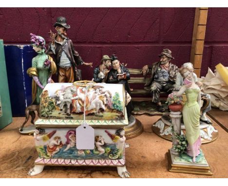 Capodimonte Tramps, ladies, priest, old man reading and chest style boxCondition report: The figure with the dog - unfortunat
