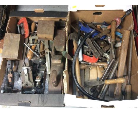 Quantity old hand tools, wood planes, tool box and other accessories