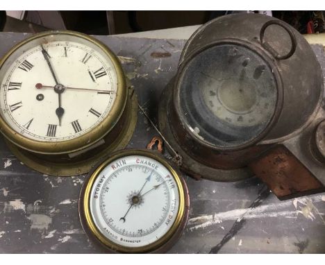 Antique brass ships compass, together with ships clock and a wall barometer. (3)