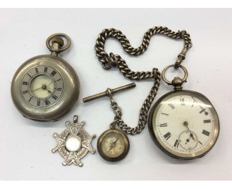 Silver cased pocket watch on a silver chain with silver compass fob, one other silver cased half hunter pocket watch and a si