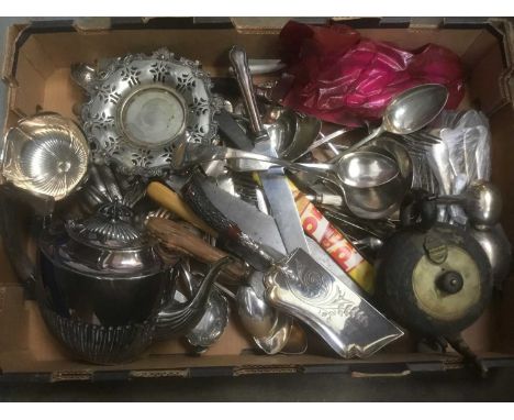 Box of silver plate and cutlery including melon form teapot and various other items