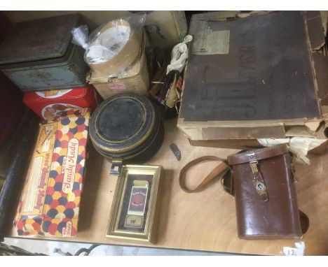 19th century toleware spice box, binoculars in brown leather case, tripod, vintage hoover and sundries