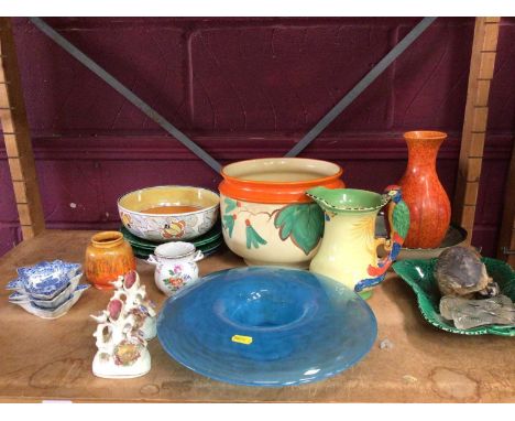 Dresden vase, pickle leaf dishes, Burleigh ware bird handle jug, blue glass bowl and other ceramics