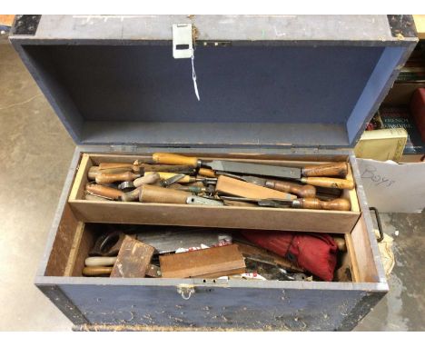 Large grey painted wooden tool box containing quantity of old hand tools