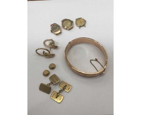 9ct rose gold hinged bangle, pair of 9ct gold cufflinks with studs, three 9ct gold cased wristwatches, and a pair of 9ct gold
