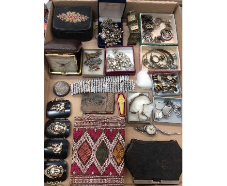 Group vintage costume costume jewellery including silver bangle, white metal jewellery, wristwatches, pair fold up opera glas