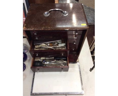 Early 20th century dentistry drill and a collection of dentistry tools in cabinet etc 