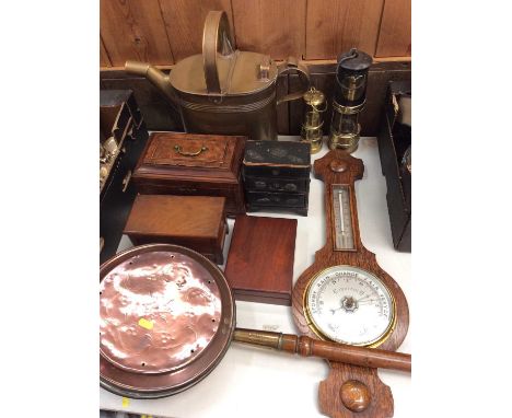 Selection of wooden boxes, two brass miners lamps, brass watering, copper warming pan and an Anderoid barometer