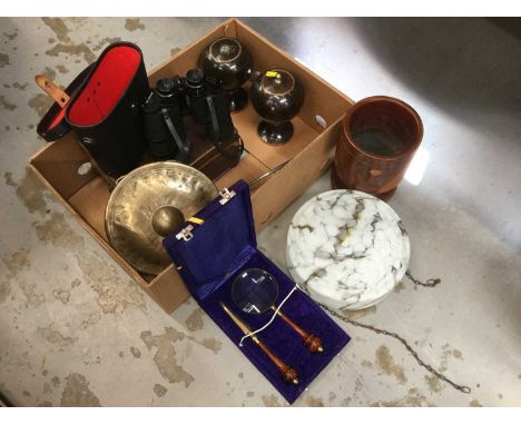 Pair of Cloissone vases, marbled glass ceiling light and other items (1 box)