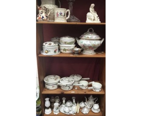Group of decorative ceramics to include a set of five French Limoges porcelain sauce pans retailed by Asprey London, Royal Wo