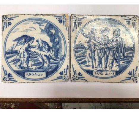 Two 18th century blue and white Delftware tiles painted with biblical scenes