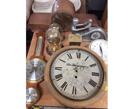Group various mantle clocks, anniversary clocks, Essex Education Committee wall clock, barometer and other time pieces