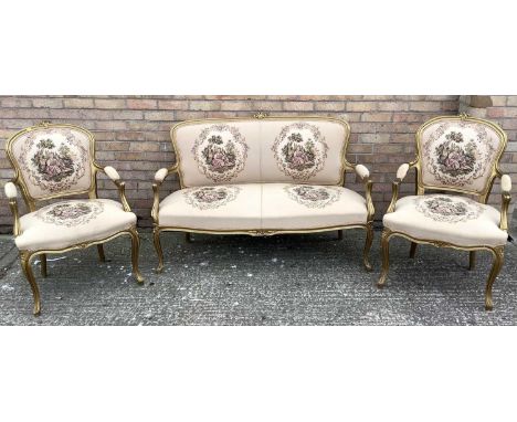 French giltwood sofa and pair of matching open elbow chairs, sofa is 138cm wideCondition report: Very good condition