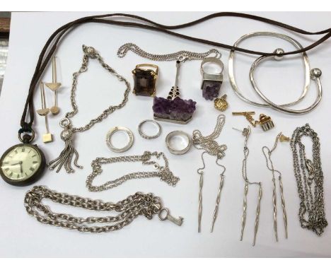 Group silver and white metal jewellery including silver chains, pendants, raw amethyst pendant and ring both in silver mounts